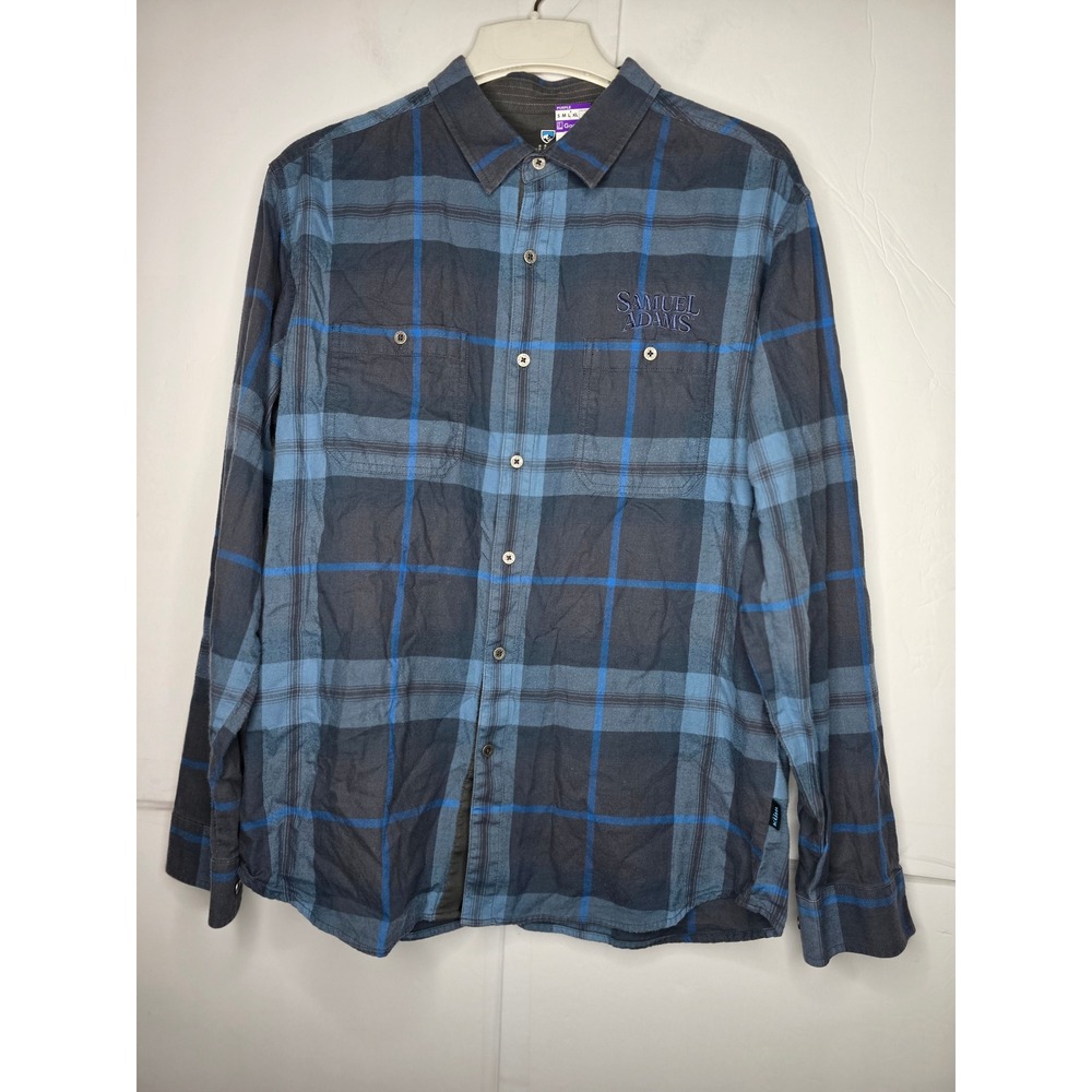 Kuhl Mens Samuel Adams Plaid Button Down Shirt Blue Grey Large Cotton Tencel